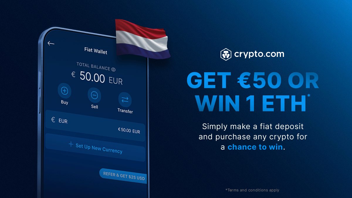 cryptocom's tweet image. 🇳🇱 Netherlands users — it’s your last chance to win 1 ETH or unlock a 100% rebate on your first crypto purchase made with EUR!
How to participate 👇
1️⃣ Deposit at least €50  
2️⃣ Buy at least €50 of any crypto
📆 Ends on 24 Aug
Learn More 👉 crypto.com/events/nl-firs…