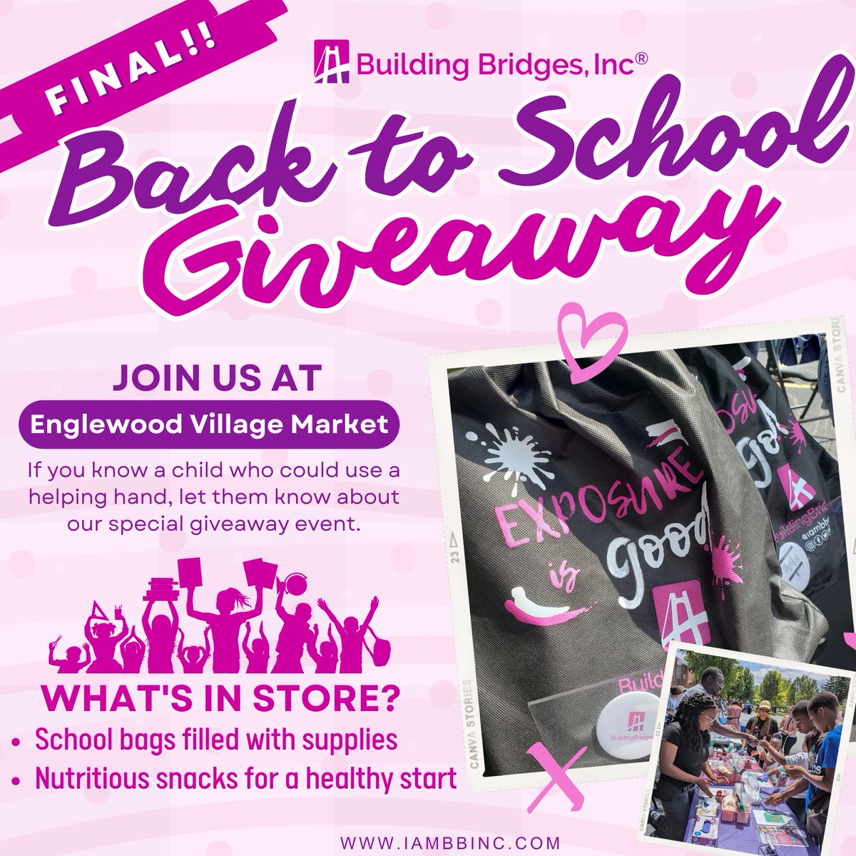 With the first week of school back in progress, we are doing our third and final back to school giveaway. If you know a child who is still in need make sure to direct them to Englewood Village Market! We will be giving away bags with school supplies and some healthy snacks.