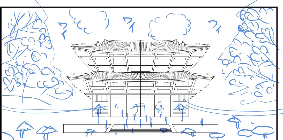 5️⃣1のラフは消して、新しいラフを描きます。全体のバランスを見るためです。
階段や、樹木、モブのベクターレイヤーは分けて清書します。 