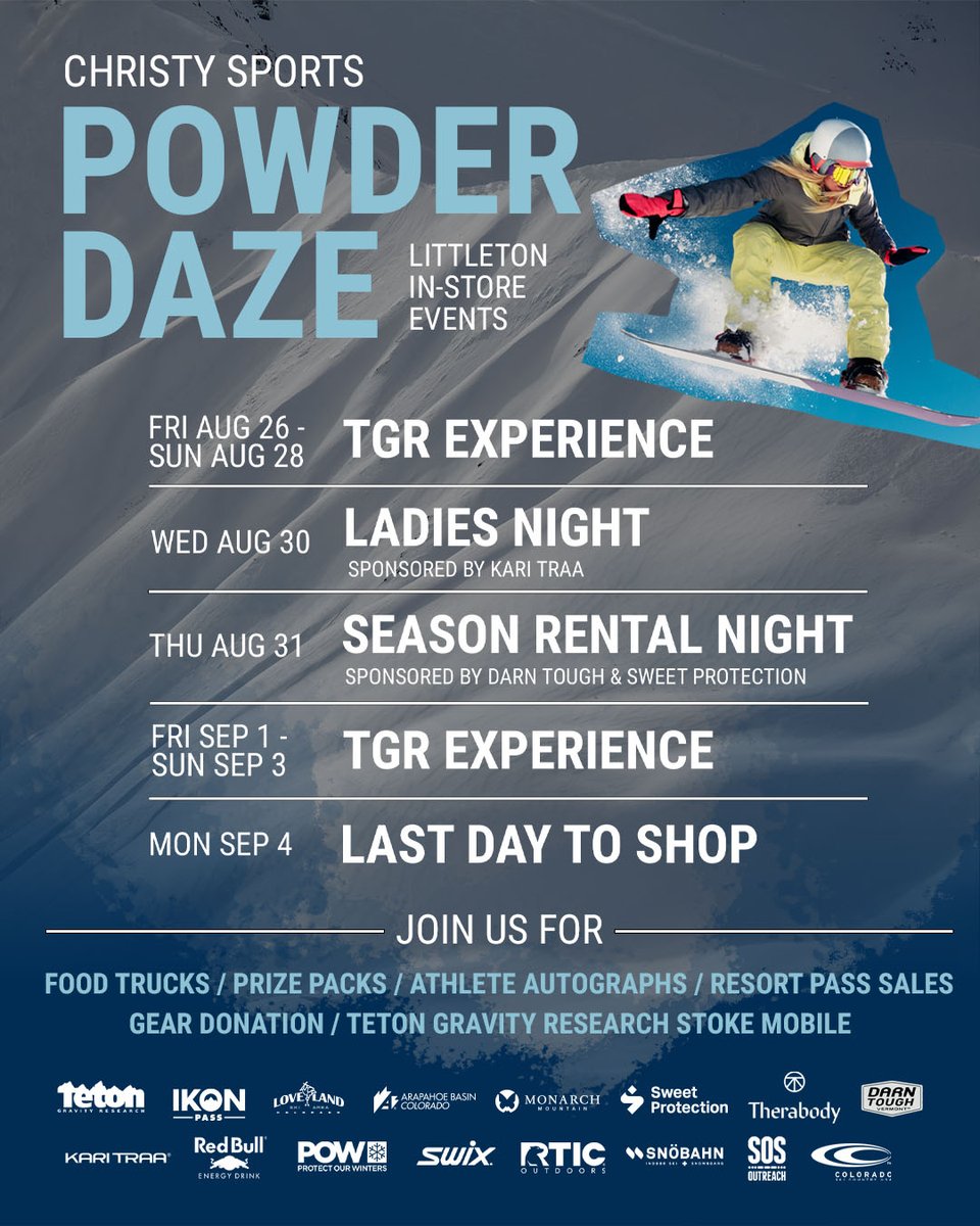 👀 Check out all the incredible events we have coming up during POWDER DAZE and it all kicks off tomorrow night!! Who's gonna be there?! 
For more info on all upcoming events head to the link below
bit.ly/3YUjvx1 🔗 
#powderdaze #skisale