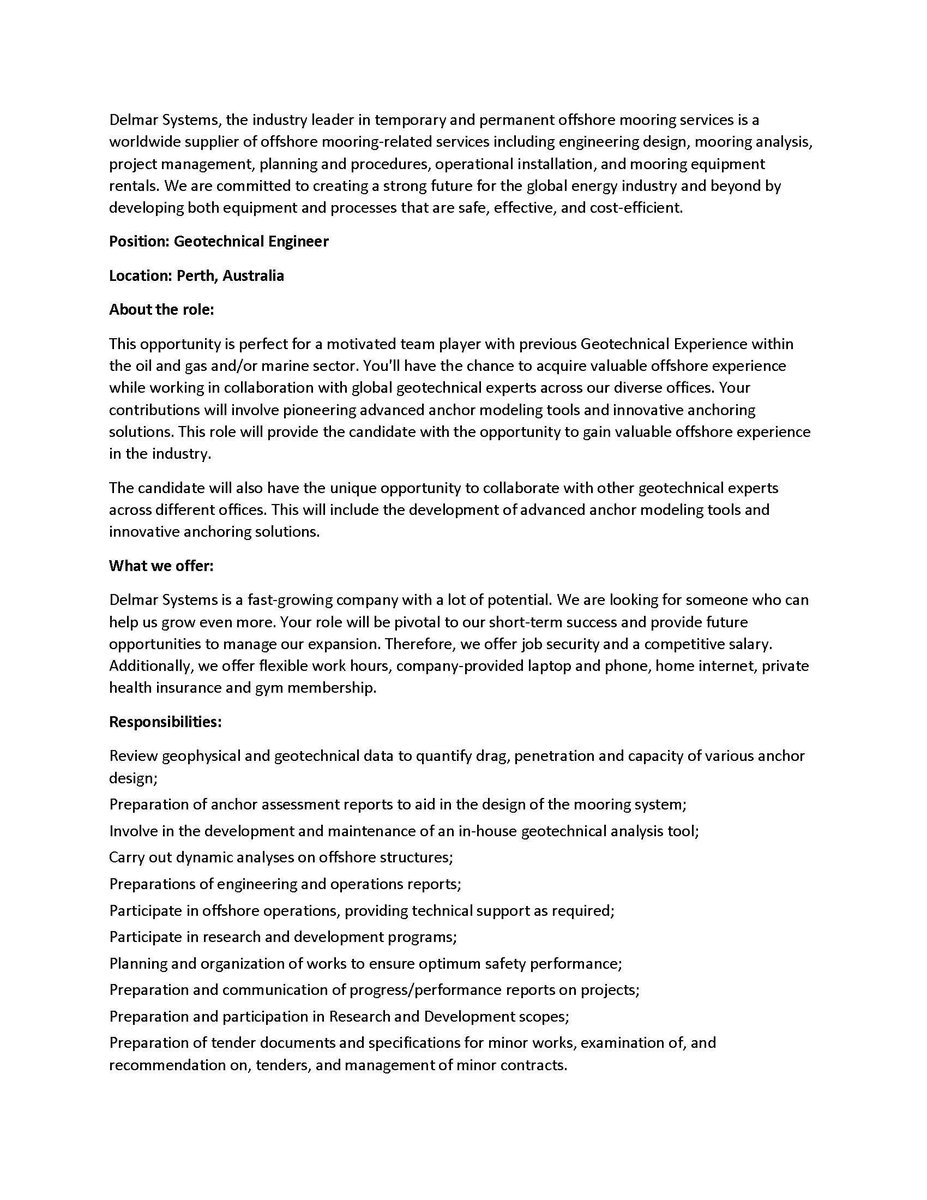 Yinghui Tian (@yinghui_tian) on Twitter photo Delmar Systems is recruiting a geotechnic engineer position based in Perth. great opportunity to work on moorings and anchoring system. Contact myang@delmarsystems.com if interested Delmar Systems is recruiting a geotechnic engineer position based in Perth. great opportunity to work on moorings and anchoring system. Contact myang@delmarsystems.com if interested