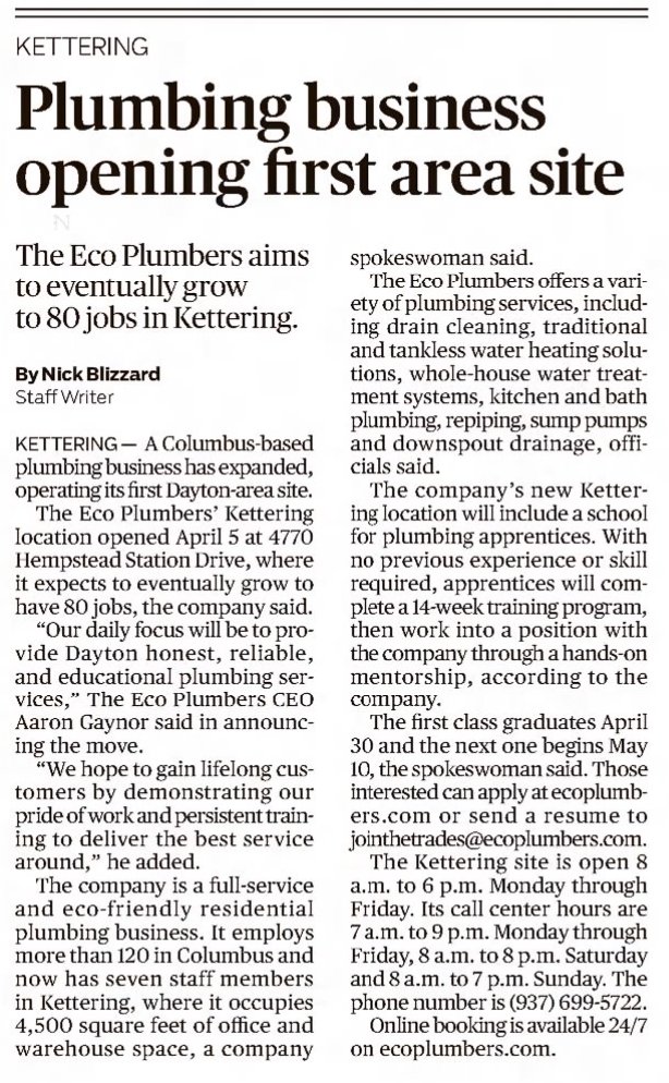 This article is about @TheEcoPlumbers from the Dayton Daily News on Sunday, April 18, 2021 (28 Months ago). Since then, they have rebranded with some of the BEST branding in the #plumbing industry and opened a Greater #Cincinnati location. No question about it, Eco Plumbers,