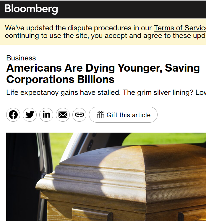 Kanthan2030's tweet photo. Late-stage capitalism combined with Orwellian logic to promote starvation and applaud declining life expectancy. 

Because paying workers more money and investing in communities are not profitable.

Globalists and their dystopian USA. https://t.co/9QqJHvY9qk