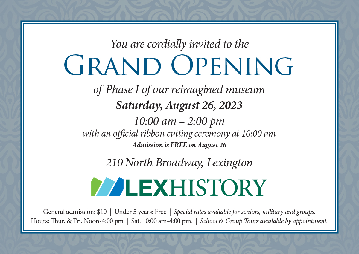 LexHistory's tweet photo. BIG NEWS!!!
You are cordially invited to our GRAND OPENING!
This Saturday, August 26, 2023 from 10 am to 2 pm.
Official ribbon-cutting at 10 am.
210 North Broadway, Lexington https://t.co/IHvoPKwl9O