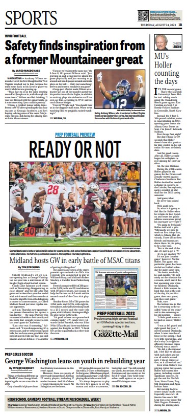 Thursday @wvgazettemail sports front Local work: @JMacDonaldSport, @Taylor_Kennedy7, @sportsturtle11, @Chuckonsports, @SholtenPhoto Inside: @chrisdorstwv, yours truly Design: Rob Stiles