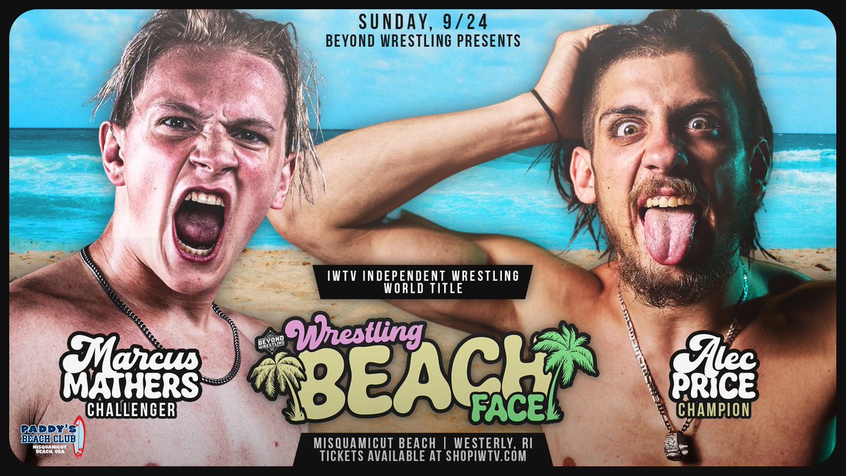 beyondwrestling's tweet photo. 50 RETWEETS and we'll announce a new match for #WrestlingBeachFace on Sunday, 9/24 at @PaddysBeach in Westerly, RI!

Tickets: https://t.co/9VVK1387cM

- @indiewrestling Title: @ThePrizeCityOG (c) 🆚 @MarcusMathers1 
- @willowwrestles
- @WavesandCurlstt
- #ShookCrew
- @MechanicsAB https://t.co/WdCQa8KHTf