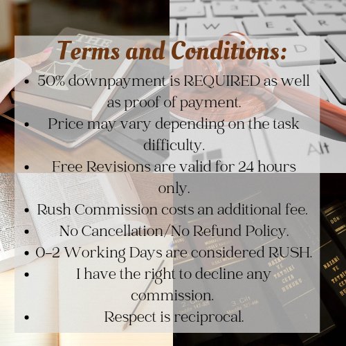 ChilaineComms's tweet image. Hi!! This is Chilaine, your Academic Commissioner that will help to lessen your stress and let you chill. 👌🏼
Feel free to send a dm/ queries and see the pictures below to know more about my services and terms! 🤗
Looking forward to transact and help you 🥰
#commstwt #acadcommsph