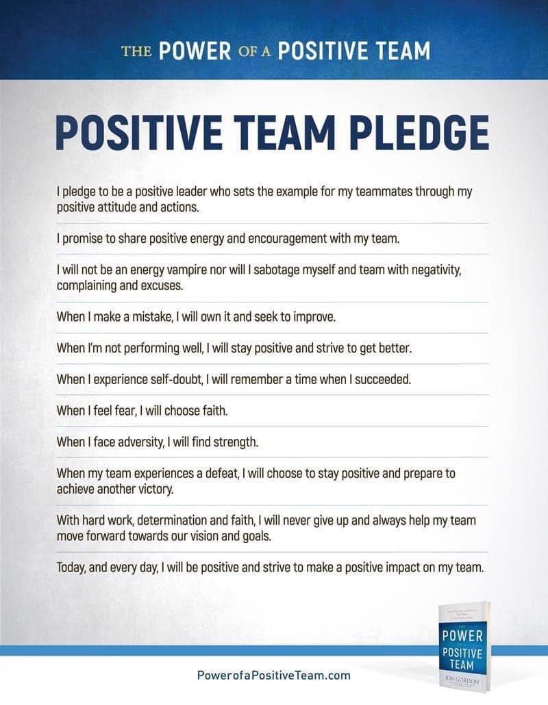 A pledge for those who want to be their best and bring out the best in their team (at work, at home, or on the field). You can download the PDF at jongordon.com/teampledge