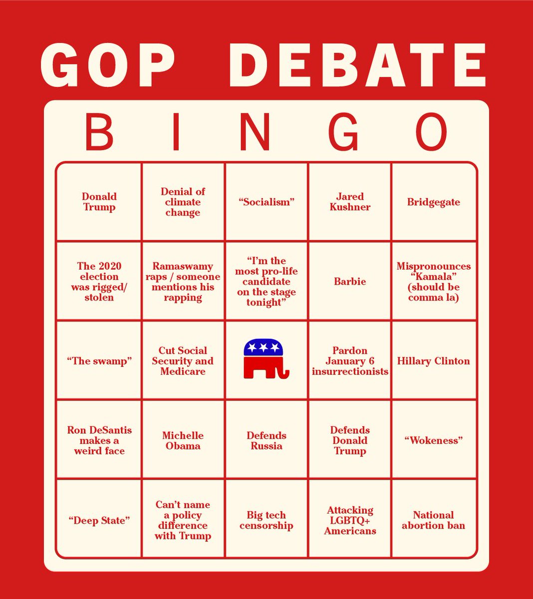 Here’s a handy bingo card for tonight’s GOP debate. You’re welcome! 💙