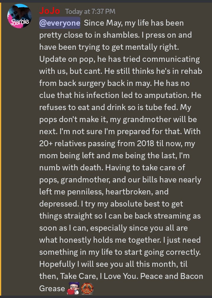 My apologies for my disappearances of social media and streaming as of late. I hope to be back to <a href="/KickStreaming/">Kick</a> and representing <a href="/CEOsOfScreams/">CEOs of Screams</a> <a href="/deepsilver/">Deep Silver</a> and <a href="/humble/">Humble Bundle</a> as soon as I can. Here's the Discord update because I can't afford a blue check.
