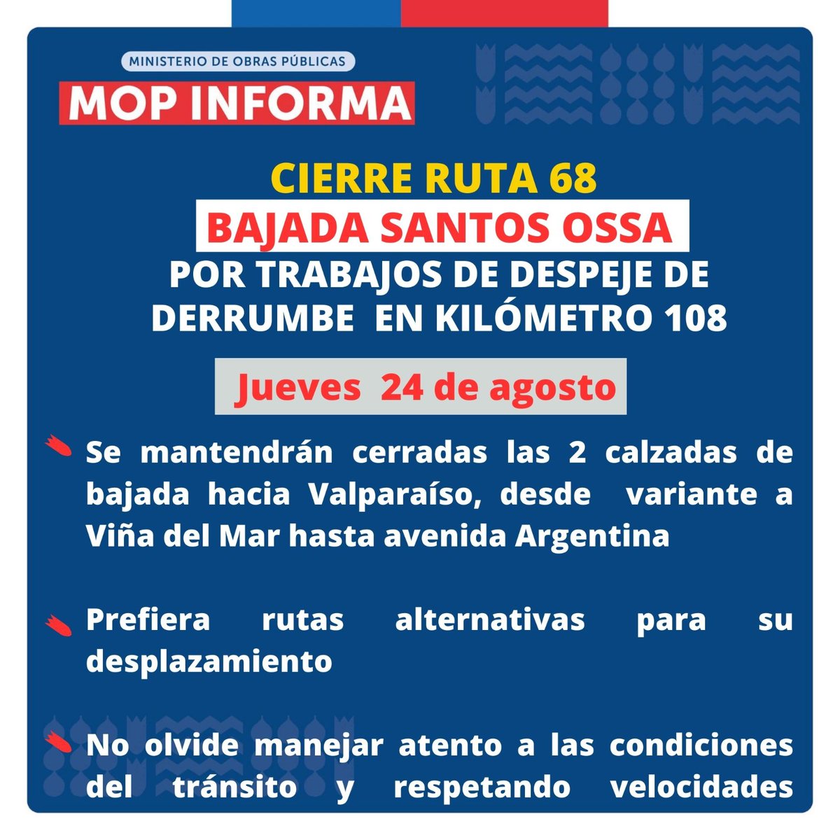 MOPValparaiso's tweet photo. 👷‍♂️ MOP INFORMA 

👉 CIERRE RUTA 68 BAJADA SANTOS OSSA 

👉 TRABAJOS DE DESPEJE DE DERRUMBE EN KILÓMETRO 108 

👉 JUEVES 24 DE AGOSTO 

#MOPVALPARAISO https://t.co/K2ICddcCKC