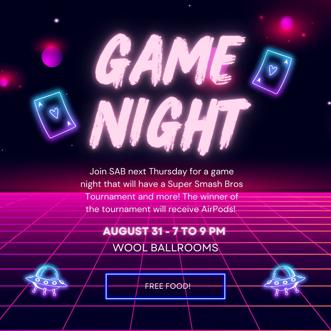Game night is on Aug. 31 @ 7:00pm! The winner of the Smash Bros tournament gets AirPods! There will also be free food and many other games!