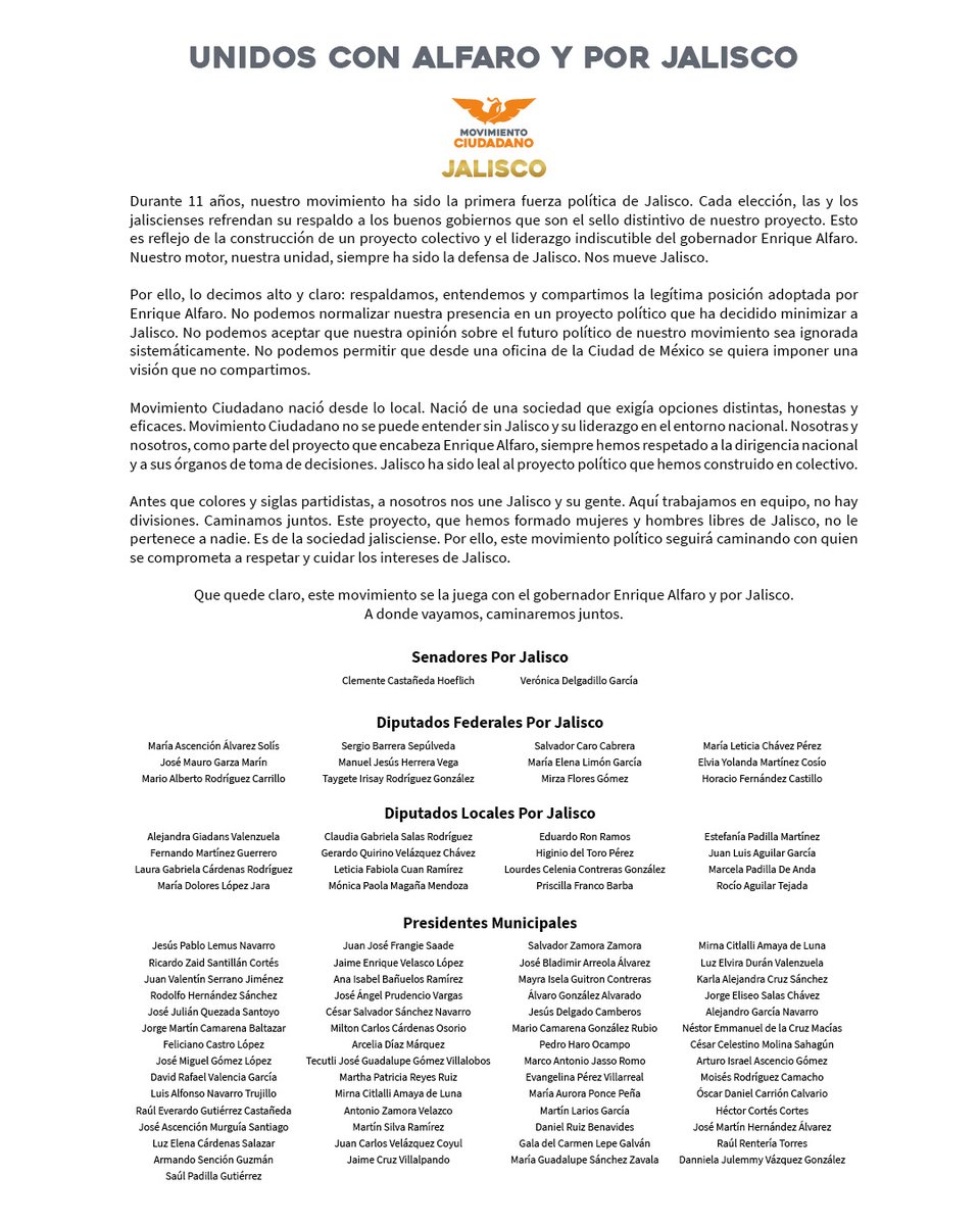 Unidos con Alfaro y por Jalisco. Lee este importante mensaje: