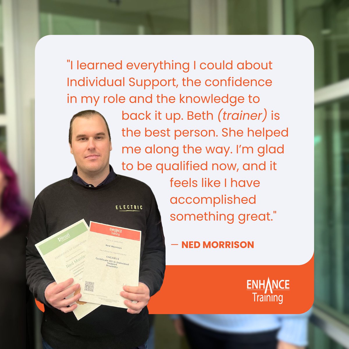 #Congratulations Ned — another confident, qualified, skilled & passionate #SupportWorker🙌 
Are you looking for a new direction? Cert III in Individual Support (Disability) CHC33015 could be the new start you need!
hubs.ly/Q0203gnb0
#EnhanceTraining #NationalSkillsWeek