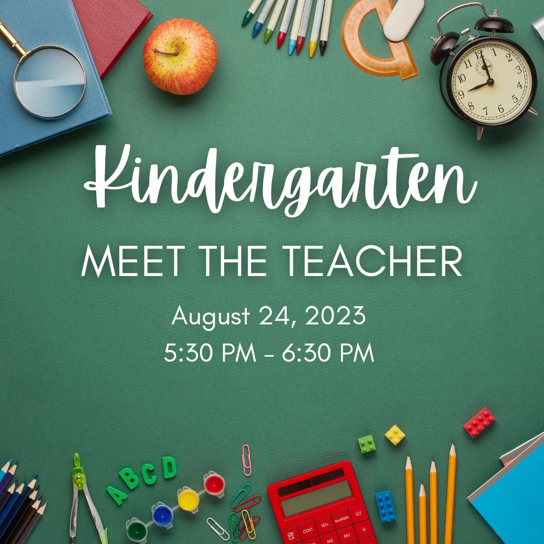 📢Calling all Kindergarten families! 

⭐️Meet the teacher night is tomorrow, August 24th from 5:30-6:30.

⭐️Your student will get to see their classroom and meet their teachers!