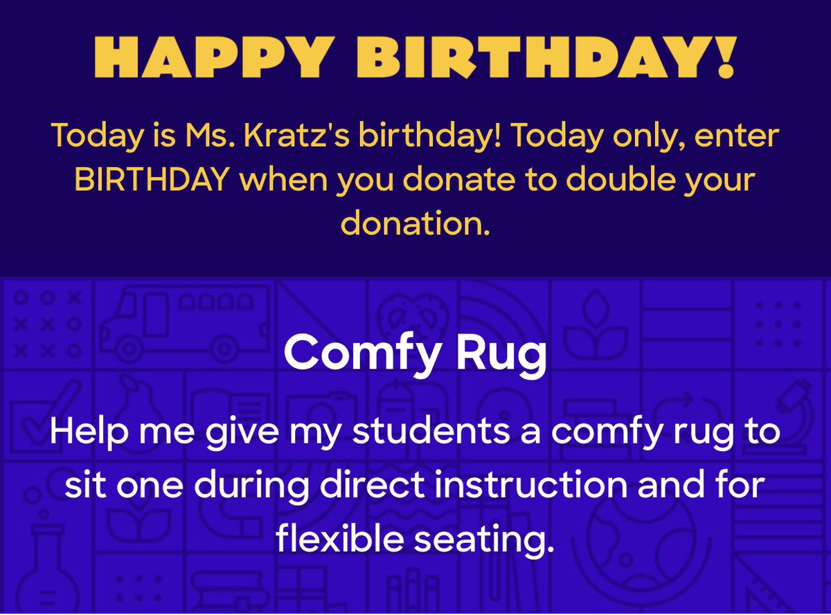 Today is my birthday 🥳 

I would love some help with my #DonorsChoose project🥹 

Today only I have a x2 match when you use the promo code BIRTHDAY! 

With this code I only need $149 to 🚀

Can you help with a sprinkle? 

donorschoose.org/project/comfy-…