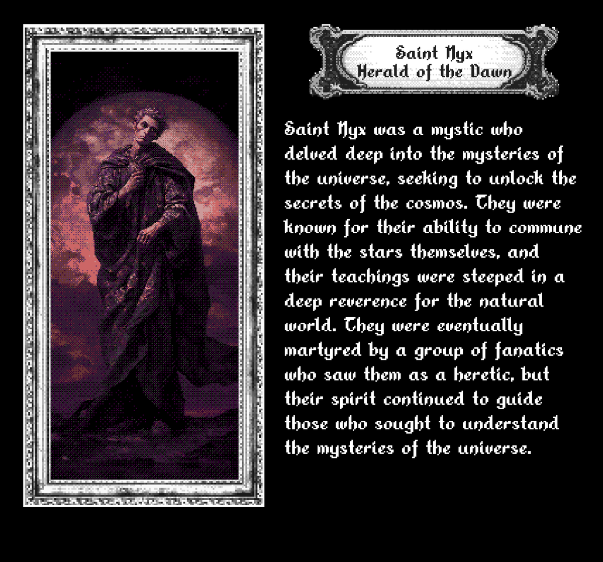 𝕮𝖗𝖞𝖕𝖙𝖔 𝕽𝖊𝖑𝖎𝖈𝖘: 𝕽𝖊𝖑𝖎𝖖𝖚𝖎𝖆𝖘 𝖊𝖝 𝕸𝖆𝖈𝖍𝖎𝖓𝖆
✨Saint Nyx- Herald of the Dawn✨
Learn more about the saints and relics in the upcoming collection on <a href="/AsyncArt/">Async Art</a>
joshuabellas.myportfolio.com/olnf-ai-relics
#nft #cryptoart #generativeart