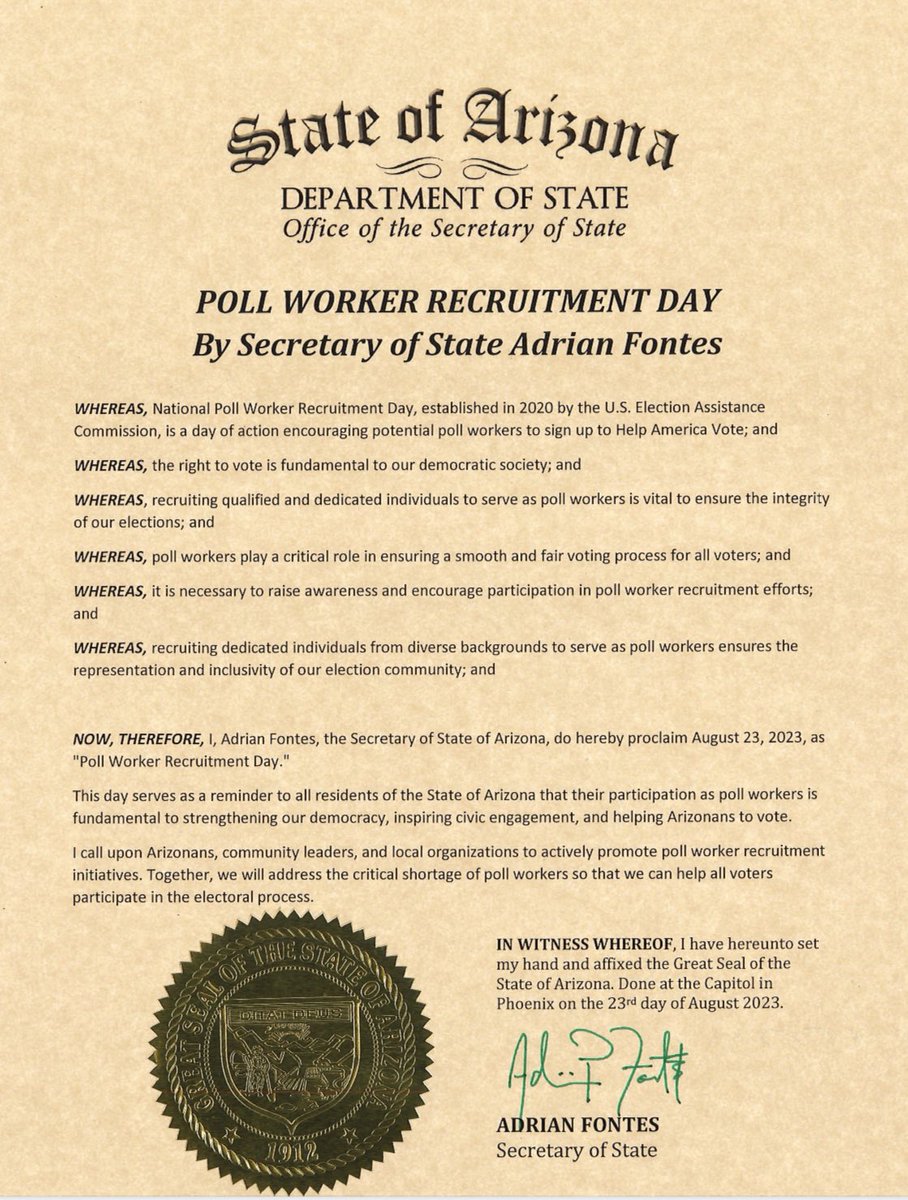 AZSecretary's tweet image. On this #PollWorkerRecruitmentDay, I call upon Arizonans, community leaders, and local orgs to help us address the critical shortage of poll workers so that we can help all voters participate in the electoral process! #HelpAmericaVote