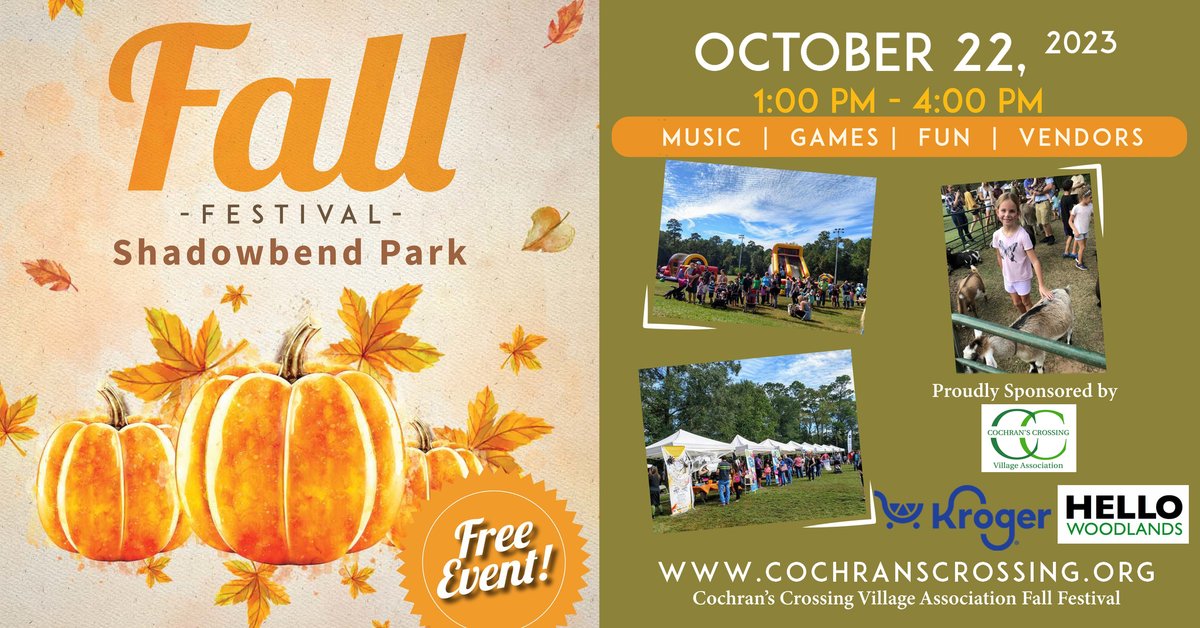 CCVillageAssoc's tweet image. Our FREE #FallFestival is October 22! 🍂 Everyone is welcome. #Sponsorship &amp;amp; #vendor opportunities available! More info: cochranscrossing.org/events/

Thank you @kroger &amp;amp; @HelloWoodlands for sponsoring!  
#thewoodlandstx #thewoodlandstexas #cochranscrossing
