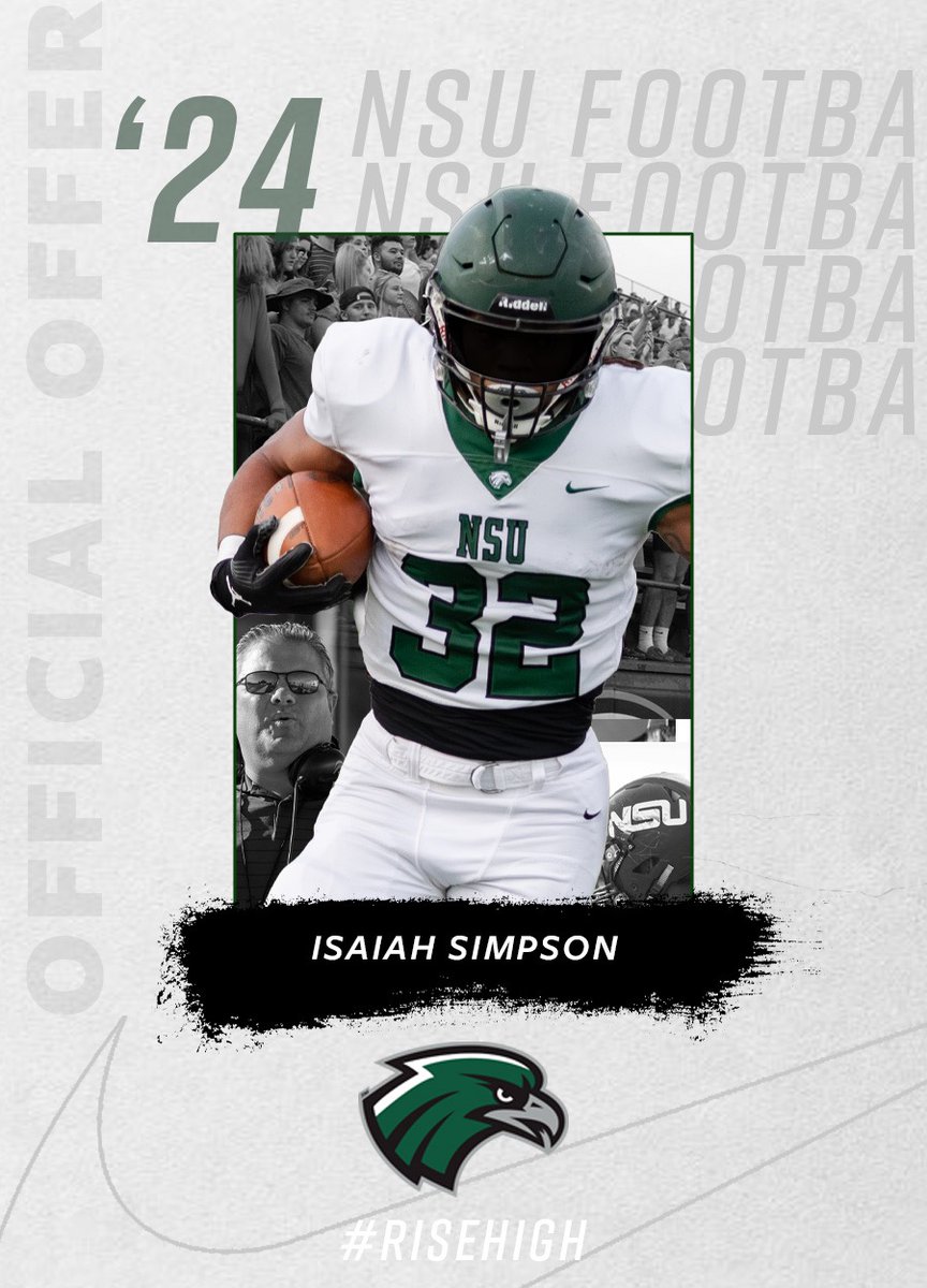 #AGTG After a great talk with @OLCoachTaylor I'm blessed and thankful to receive my 2nd offer from @NSU_Football !!!!!!!!!!!!!!!#Goriverhawks 💚🤍  @BengalLifestyle @CoachAkalex @KentLaster
