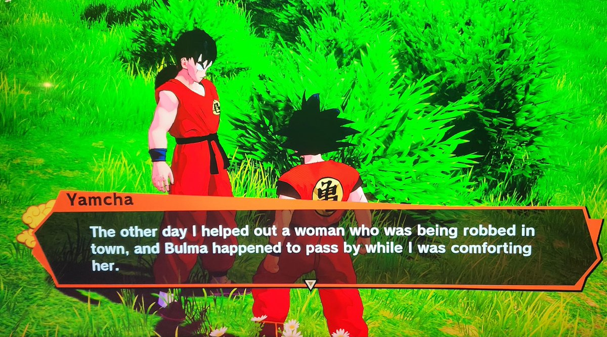 FeralRavage's tweet image. I was playing the new Kakarot DLC (it's a blast, by the way), and say Yamcha say this. This is the exact scenario a commenter surmised in a MistareFusion video as to why Yamcha and Bulma broke up. It's wild. I was shocked when I saw this, but we all knew the truth.
