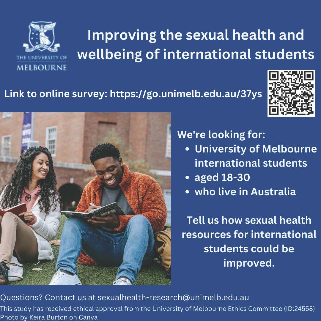 Are you an international student at the University of Melbourne, aged 18-30 who lives in Australia? Tell us how sexual health resources could be improved in a short anonymous survey. Link: go.unimelb.edu.au/37ys