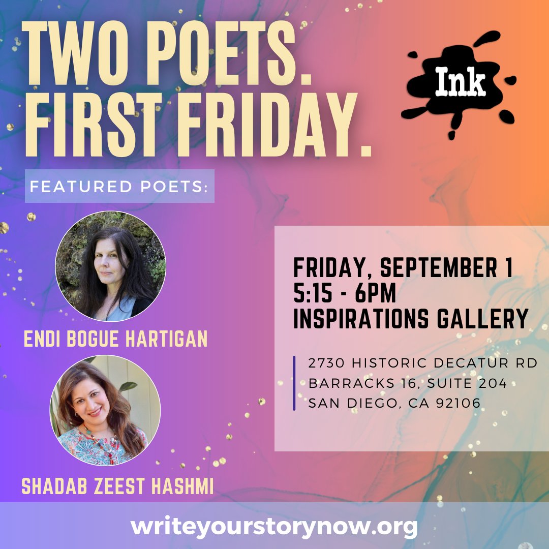 EndiHartigan's tweet photo. This San Diego reading is coming up, Sept 1! Excited to read with Shadab Zeest Hashmi @ShadabZeest. Thanks for hosting us @SDWritersInk! I'll be reading from oh orchid o'clock my latest from @Omnidawn https://t.co/nNzJu4nBAQ https://t.co/6URRPpdrBn