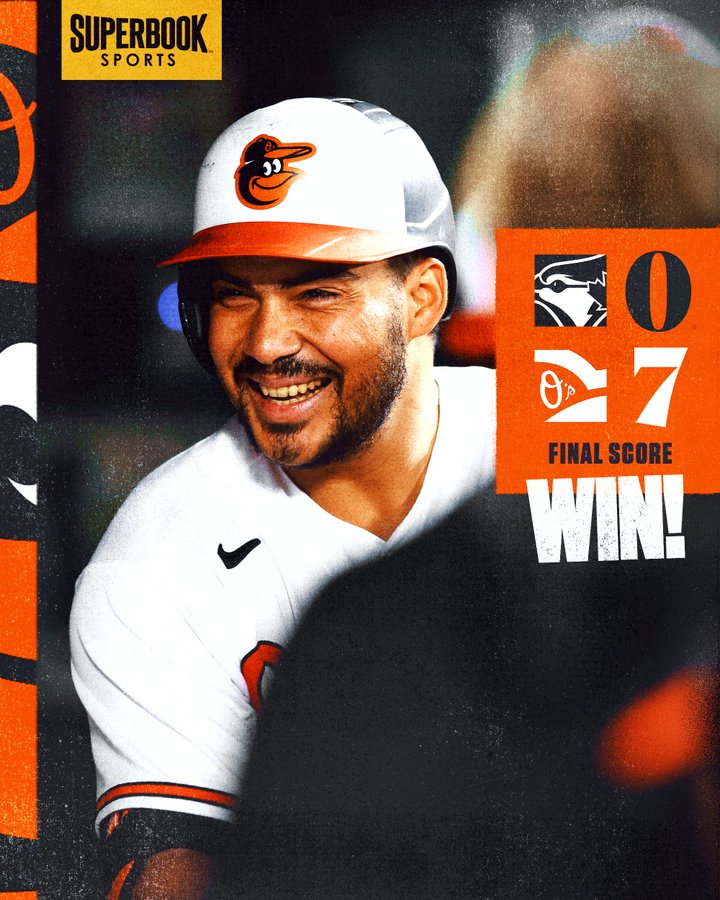Orioles win!

Final Score:
Blue Jays - 0
Orioles - 7

The photo features Santander in the dugout, smiling after hitting a home run.
