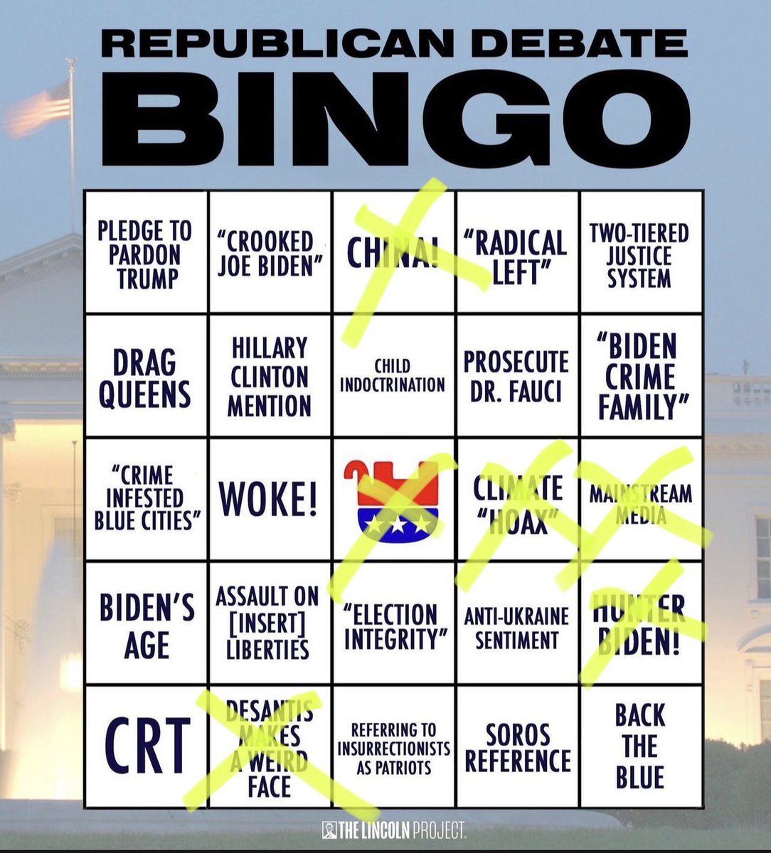 B25Christina's tweet photo. @ProjectLincoln - what do you have so far for the #GOPDebate? I feel like I could have ❌ out (plus took a shot 🥃 😉) a couple more but the phrasing wasn’t exact. 😉 https://t.co/3cAE5WMCoz