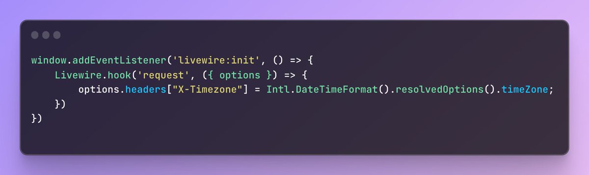 RicardoSawir's tweet image. If you need to include user&apos;s browser timezone in @LaravelLivewire , we can include through livewire&apos;s hook &quot;request&quot;

#laravel #livewire #laraveldaily