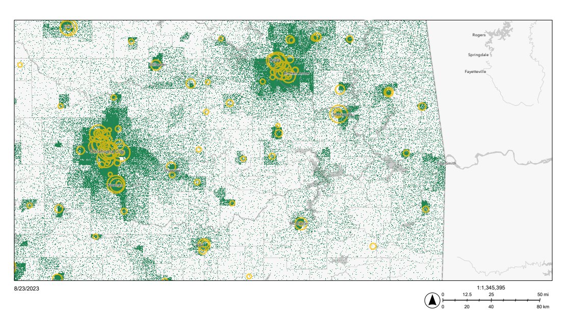 Those small green dots on the map show where lots of people are – 10 folks in each dot. And those bigger orange circles mark where hospitals are, with the size telling you how many beds they have. #DataMapping #HealthcareInsights #VisualizingData #MapVisuals