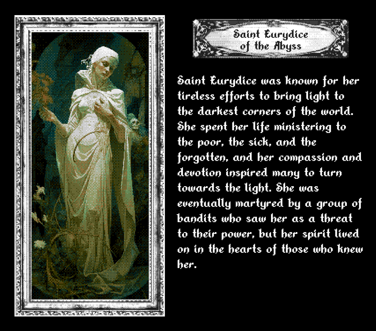 𝕮𝖗𝖞𝖕𝖙𝖔 𝕽𝖊𝖑𝖎𝖈𝖘: 𝕽𝖊𝖑𝖎𝖖𝖚𝖎𝖆𝖘 𝖊𝖝 𝕸𝖆𝖈𝖍𝖎𝖓𝖆
✨Saint Eurydice of the Abyss✨
Learn more about the saints and relics in the upcoming collection on <a href="/AsyncArt/">Async Art</a>
joshuabellas.myportfolio.com/olnf-ai-relics #nft #cryptoart #generativeart