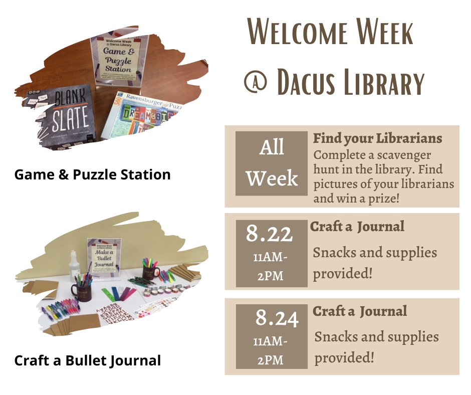 dacuslibrary's tweet image. Dacus Library is excited to start a new year with all of our students! We have a scavenger hunt going on all week and two days of journal crafting with snacks!