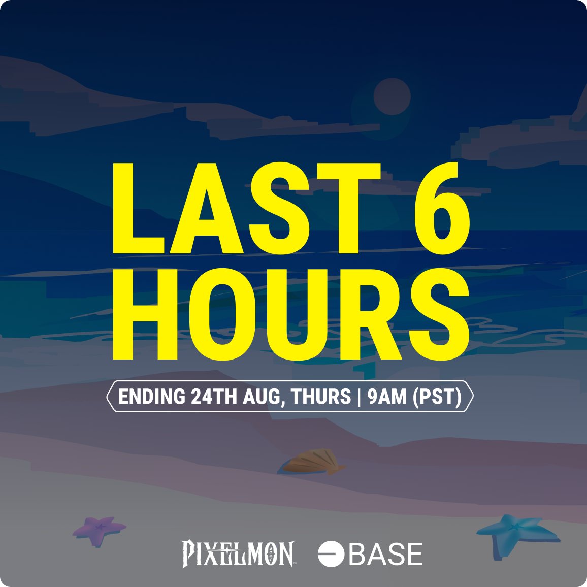 LAST 6 HOURS before the end of the Summer Kevin NFT Mint on BASE

Summer Kevin entitles you to:
🥚A one-time raffle entry for an Unhatched Pixelmon Egg
🏖️Access to in-person Pixelmon events (RSVP Required)
👀Perks for the upcoming Pixelmon-BASE casual game
onchainsummer.xyz/kevin