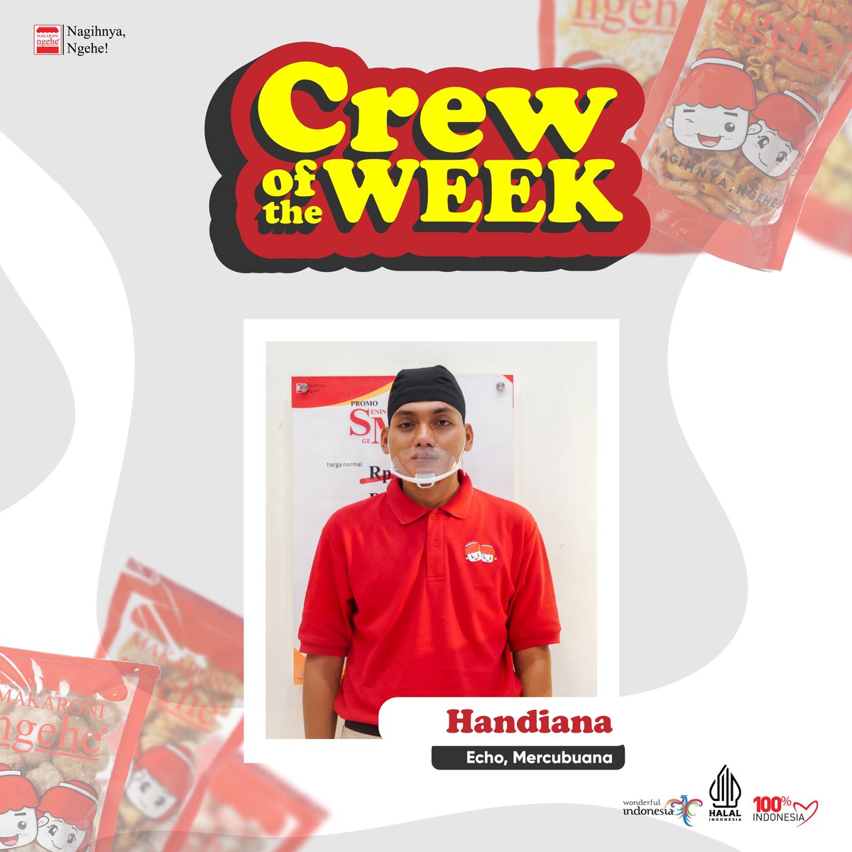 Saatnya kenalan yuk sama kakak Handiana sebagai #CrewoftheWeek dari outlet Echo di Meruya. Selain ramah, melayani dari hati, dan ter-gercep loh melayanin pesanan #MaHeAddicts.

#makaroningehe 
#cemilanindonesia 
#snackkhasindonesia 
#cemilan 
#ngehe