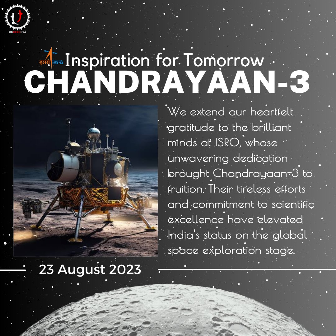 UDDESHHYA_'s tweet photo. The success of Chandrayaan 3 is a source of pride for every Indian. It affirms our country's dedication to breaking barriers and making a meaningful contribution to the international space community.
#Chandrayaan3Success #ISROTriumph #ProudMoment
#isro #india #space https://t.co/DSuKcGSScY