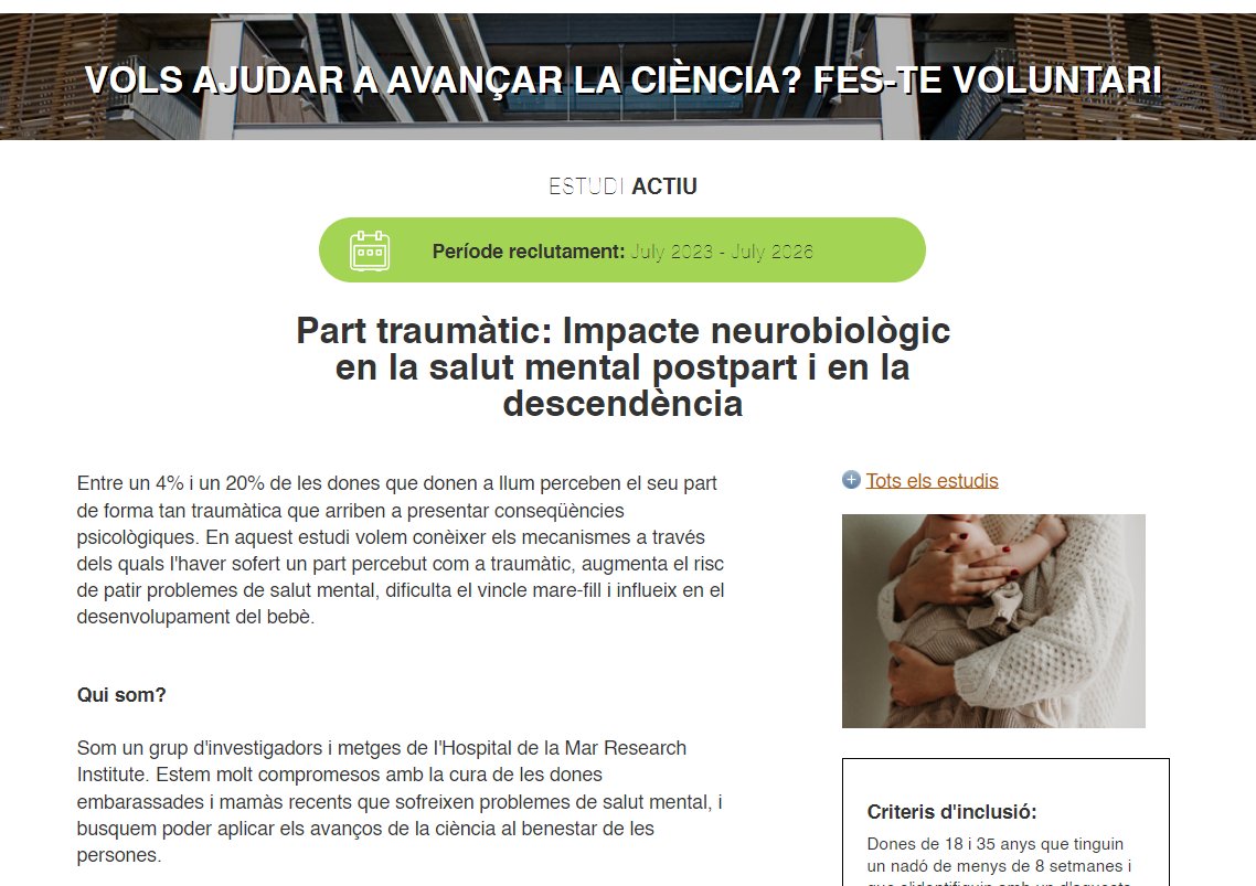 HMar_research's tweet photo. Investigació de l'@HMar_research-@hospitaldelmar sobre part traumàtic: Impacte neurobiològic en la #salutmental #postpart i en la descendència
Vols fer-te voluntari? Busquem dones de 18 i 35 anys que tinguin un nadó de menys de 8 setmanes
+ INFO👉 https://t.co/K5am3XiO9i https://t.co/kymJT0CoZE