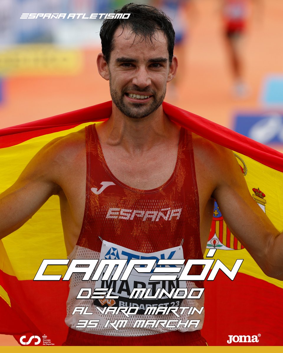 atletismoRFEA's tweet photo. 𝑨 𝒕𝒖𝒔 𝒑𝒊𝒆𝒔, 𝑴𝒊 𝑹𝒆𝒚

¡¡ CAMPEÓN DEL MUNDO en 35 km MARCHA !!

🥇@Alvaroatletismo⏱️2:24:30 RÉCORD DE 🇪🇸

🔝MOMENTAZO HISTÓRICO #EspañaAtletismo

📺@la2_tve y @Eurosport_ES
https://t.co/sD2kkIG0t3

#PasiónPorCompetir https://t.co/HXABjo2Bfx