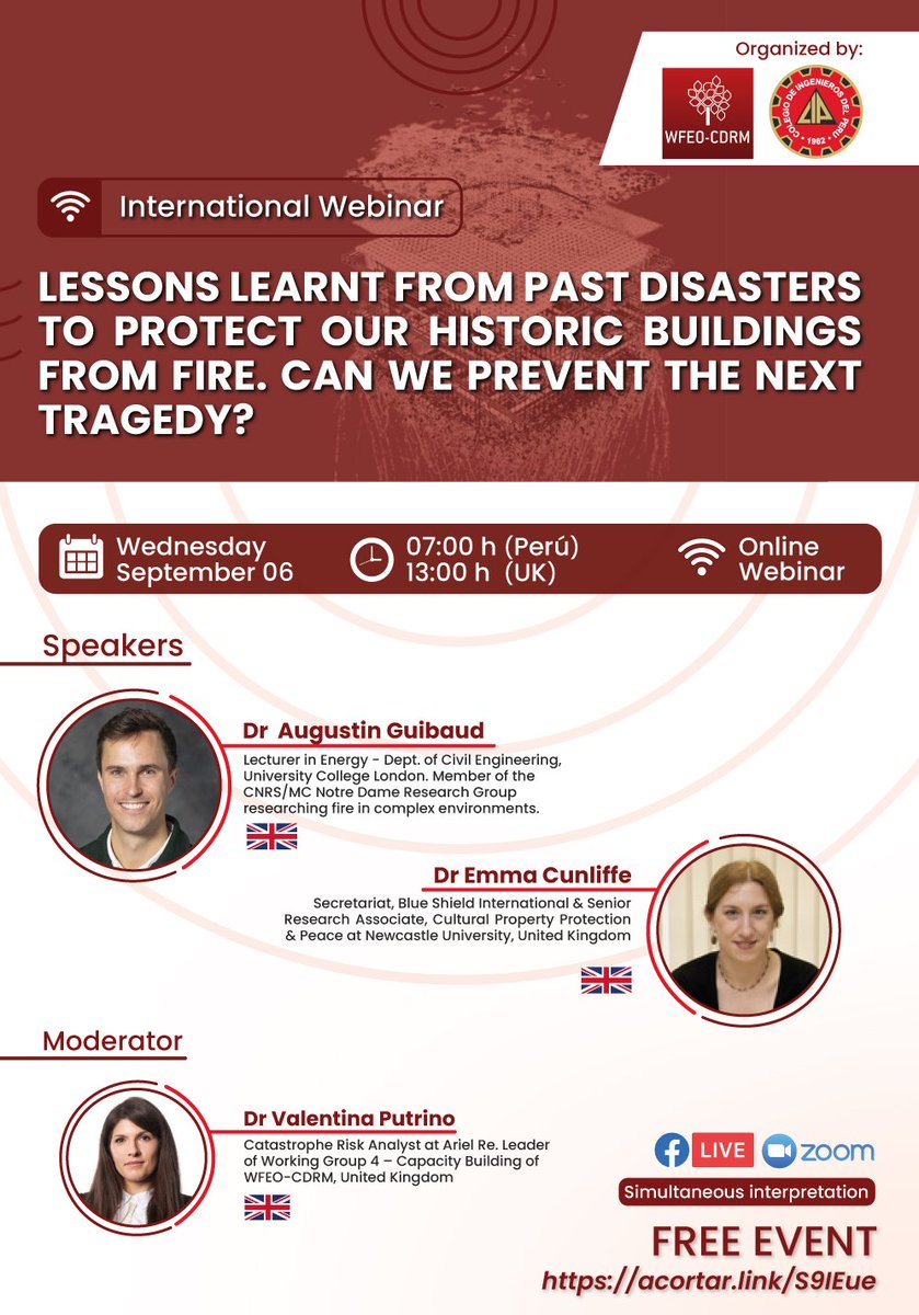 Webinar “LESSONS LEARNT FROM PAST DISASTERS TO PROTECT OUR HISTORIC BUILDINGS FROM FIRE. CAN WE PREVENT THE NEXT TRAGEDY?” Sept 6, 13:00 BST. 
Event information:
cip.org.pe/lessons-learnt…
Zoom link:
us02web.zoom.us/j/86939345718