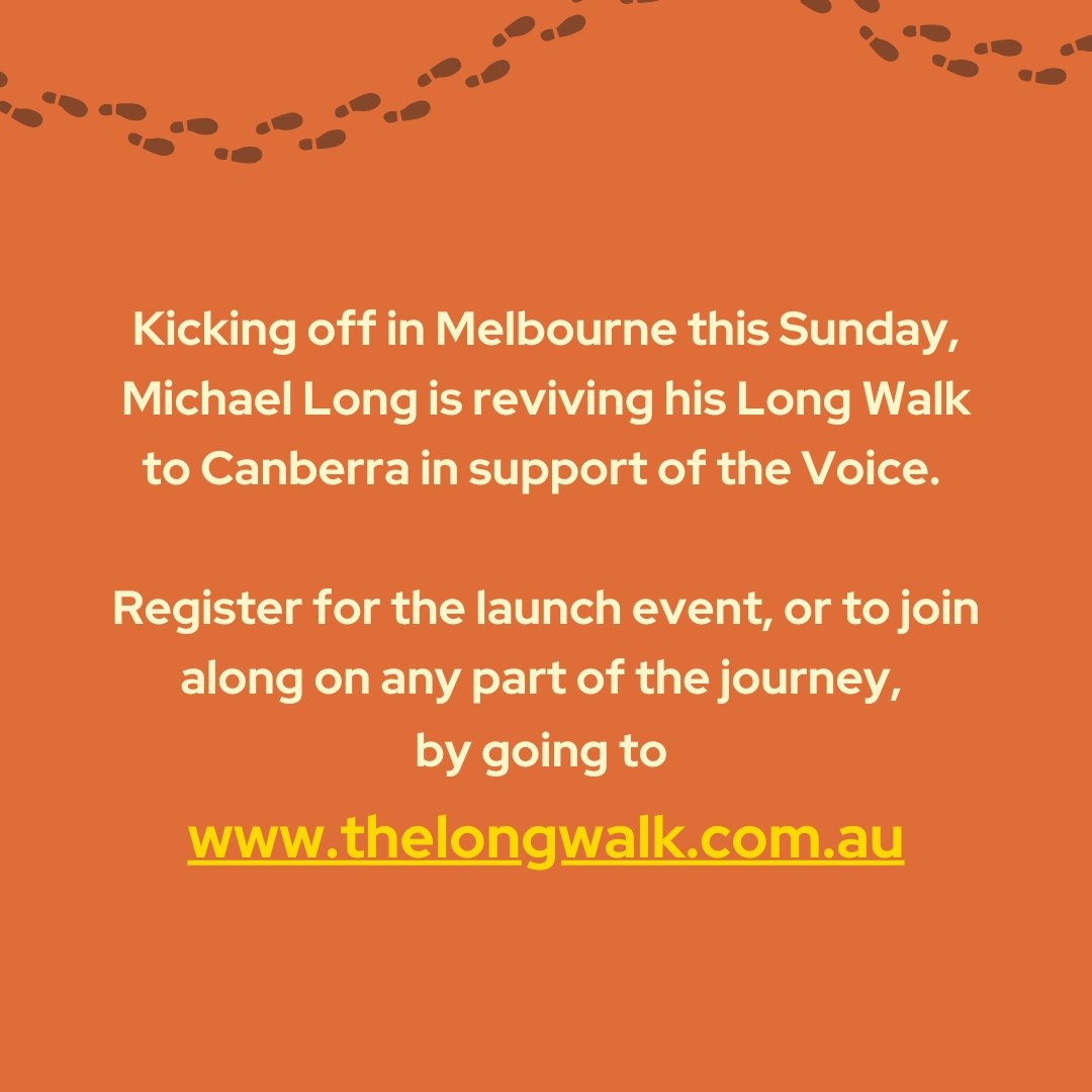 AFL legend Michael Long sets off on his Long Walk to Canberra this Sunday from Melbourne. 

Head to thelongwalk.com.au to register for the launch, or to walk with Michael along the way

#yes23