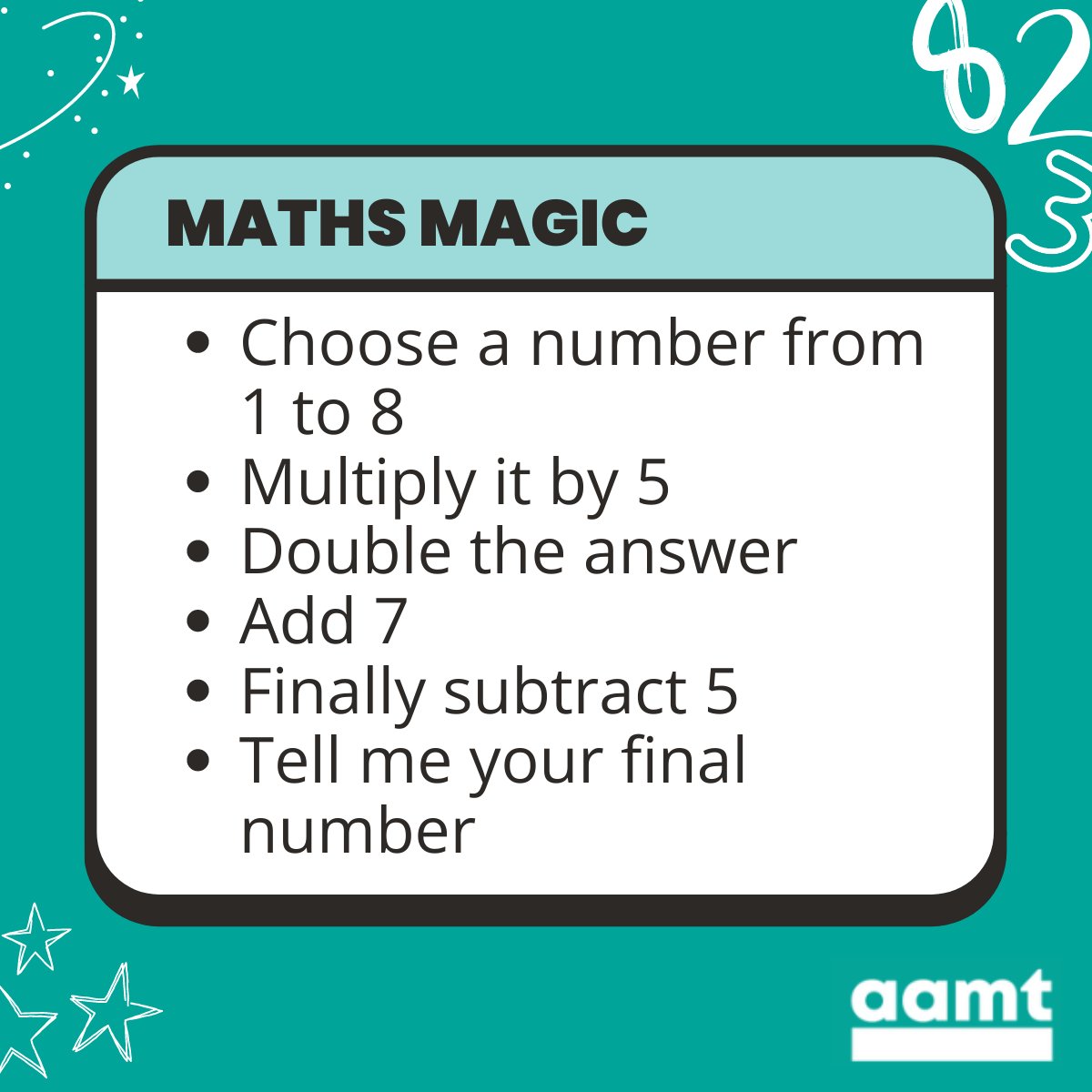 aamtinc's tweet photo. A 'think of a number' trick suitable for primary students: the first digit of the final number is the original number. But can you explain why this works?
#mathseducation #thinkonthursday https://t.co/DvYmccYoxw