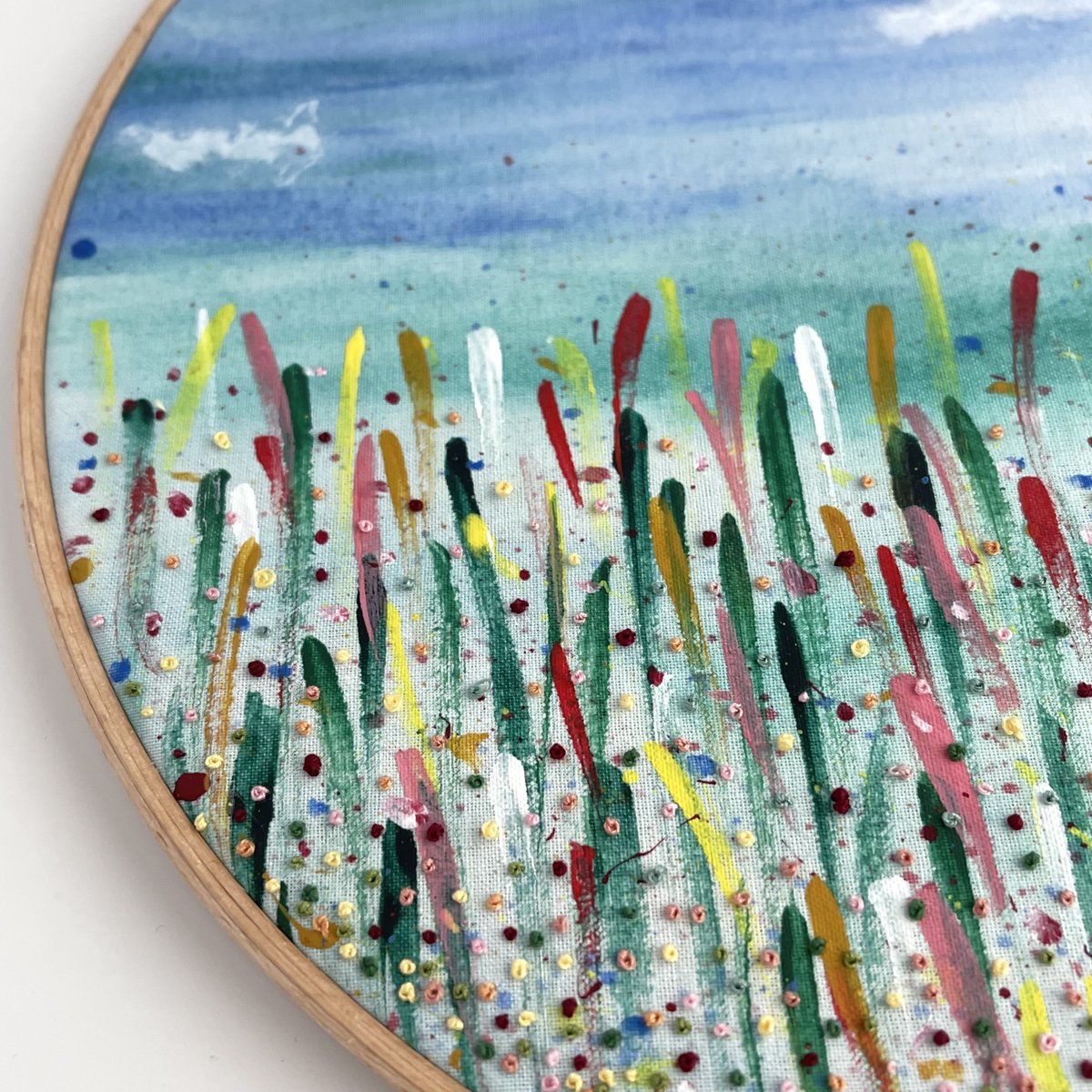 Close up of my new watercolour hand embroidery abstract piece - it was so much fun exploring this new medium and getting to experiment with new ideas ☁️