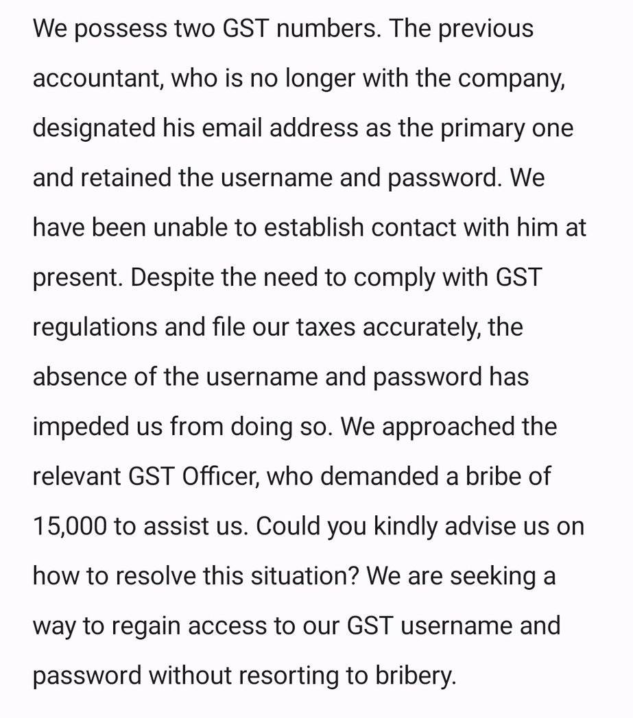 iamdeep1991's tweet photo. Stuck with previous accountant's email as primary for GST filing, no access to username/pass. GST Officer demands 15,000 bribe to help. Need advice to regain access without bribery. #GSTFiling #HelpNeeded https://t.co/BFiH28Sejo