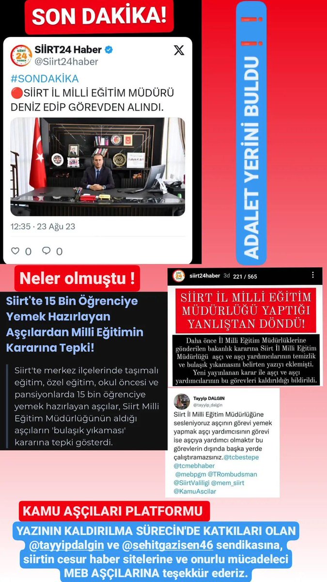 Kamu Aşçıları Platformu (@kamuascilar) on Twitter photo AŞÇILARA BULAŞIK YAZISI GÖNDERTİP GELEN TEPKİLER'DEN SONRA GERİ ALDIR'TAN SİİRT İL MİLLİ EĞİTİM MÜDÜRÜ BUGÜN GÖREVDEN ALINDI.Adalet geçte olsa yerini buldu.
Emeği geçen herkese teşekkür ederiz.
<a href="/tcmeb/">Millî Eğitim Bakanlığı</a>
<a href="/Yusuf__Tekin/">Yusuf Tekin</a>
<a href="/mem_siirt/">Siirt İl Millî Eğitim Müdürlüğü</a>
#siirt
#kamuaşçıları
<a href="/tayyip_dalgin/">Tayyip DALGIN</a> AŞÇILARA BULAŞIK YAZISI GÖNDERTİP GELEN TEPKİLER'DEN SONRA GERİ ALDIR'TAN SİİRT İL MİLLİ EĞİTİM MÜDÜRÜ BUGÜN GÖREVDEN ALINDI.Adalet geçte olsa yerini buldu.
Emeği geçen herkese teşekkür ederiz.
<a href="/tcmeb/">Millî Eğitim Bakanlığı</a>
<a href="/Yusuf__Tekin/">Yusuf Tekin</a>
<a href="/mem_siirt/">Siirt İl Millî Eğitim Müdürlüğü</a>
#siirt
#kamuaşçıları
<a href="/tayyip_dalgin/">Tayyip DALGIN</a>
