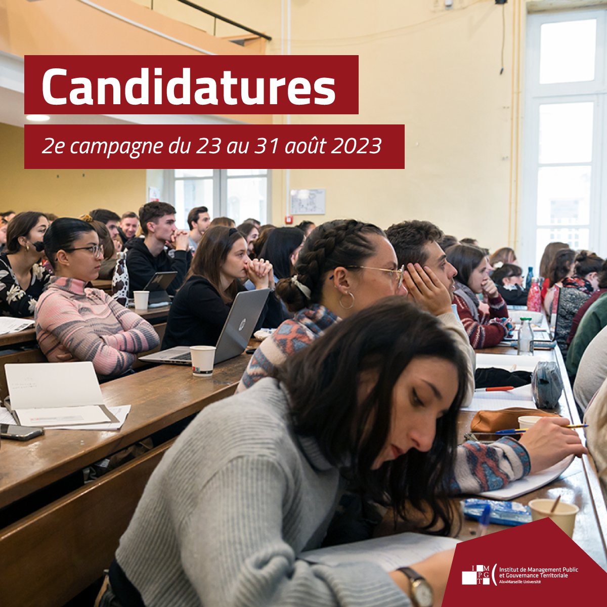 Candidatures 🙋‍♀️🙋🏽‍♂️| Jusqu'au 31 août 2023, une nouvelle période de candidature est ouverte pour rejoindre l'une des formations proposées à l'#IMPGT. 
+ d'infos sur les formations concernées et la procédure pour candidater ➡️ impgt.univ-amu.fr/fr/candidature…