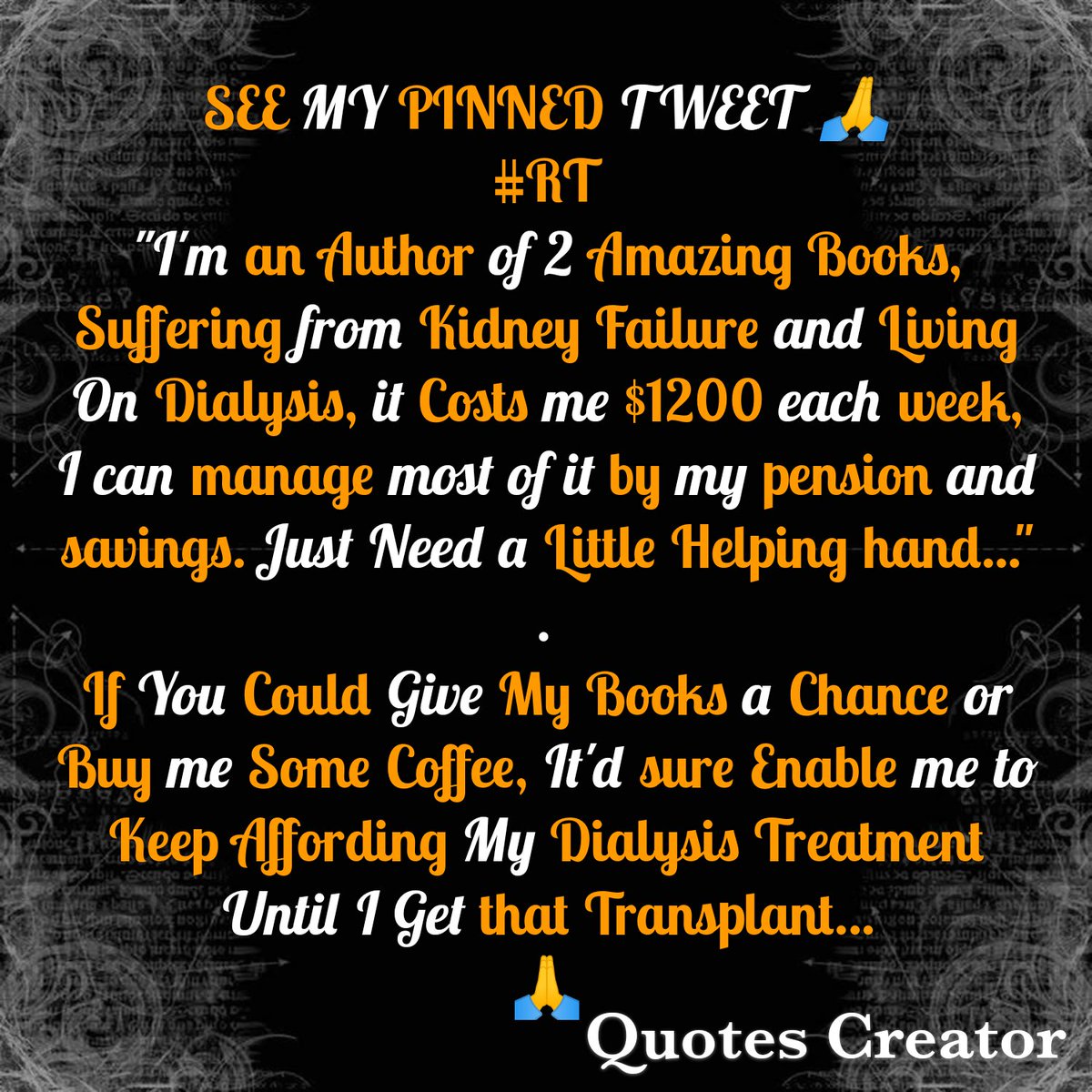 MY LIFE STORY 👇
salvagewrites.blogspot.com/2022/08/help-m…
TODAY'S TARGET=25 COFFEES☕
Buymeacoffee.com/helptristian ☕
OR
HELP ME SELL 5 COPIES TODAY📚
amazon.com/stores/W.-Salv…
Thanks 🙏
Nevfidokske
@Zuhleika1
@lord_froth
@Michael_Naether
@Intheprezent
@GrandmaRanger
@VilleNiittynen
@allozhilr…