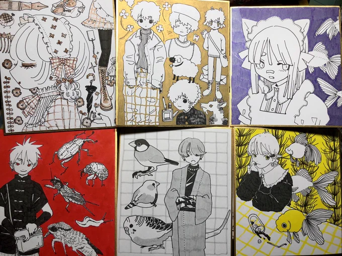 描きたい衝動だけで生まれた一発書き(右上二つは車内で✍️)色紙たち 