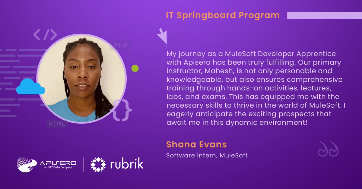 SukantaRoyCD's tweet photo. Apisero x Rubrik: Leveraging technology to empower a more diverse workforce 💪

Shana Evans is now a Certified MuleSoft Developer. What a Journey! Congratulations! 👏 🚀

https://t.co/Pd2OQcD7CX

#EmpowermentThroughTech #MuleSoft #DiversityMatters #salesforcepartner https://t.co/m4AOJaXdX8