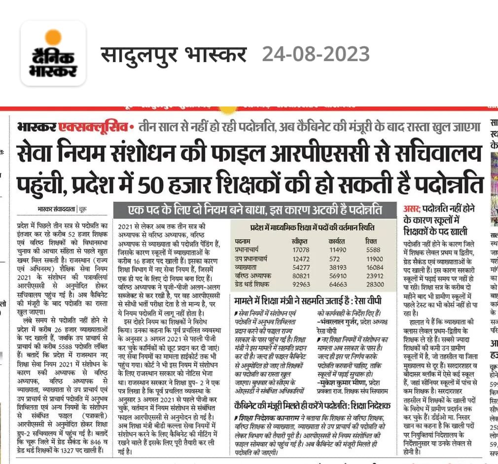 #व्याख्याता_पदोन्नति_नियम_संशोधन
<a href="/ashokgehlot51/">Ashok Gehlot</a> 
<a href="/DrBDKallaINC/">Dr. Bulaki Das Kalla</a> 
<a href="/ZahidaKhanINC/">Zahida Khan</a> 
<a href="/Mukeshmahar_/">Mukesh Meena</a> 
<a href="/RajCMO/">CMO Rajasthan</a> 
अब गेंद सरकार के पाले में है कि कब असमान विषयों में यूजी पीजी कर चुके सेवारत वरिष्ठ अध्यापकों को प्रमोशन देने है?
सरकार जल्द ही RSR 2021 में आंशिक संशोधन का प्रस्ताव पारित करे।