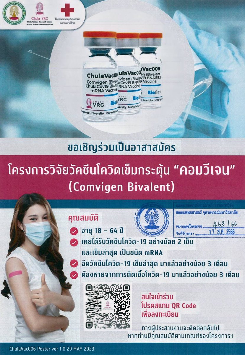 prmdcu's tweet image. 🏥 เปิดรับสมัครอาสาสมัครสำหรับโครงการวิจัยวัคซีนโควิดเข็มกระตุ้นคอมวีเจน Comvigen Bivalent (โครงการ ChulaCov19)
.
ผู้ที่สนใจโปรดกรอกข้อมูลเพื่อคัดกรองเบื้องต้นตามลิงก์นี้
crc.md.chula.ac.th/redcap/surveys…

#chulacov19 #covidvaccine #mrnavaccine